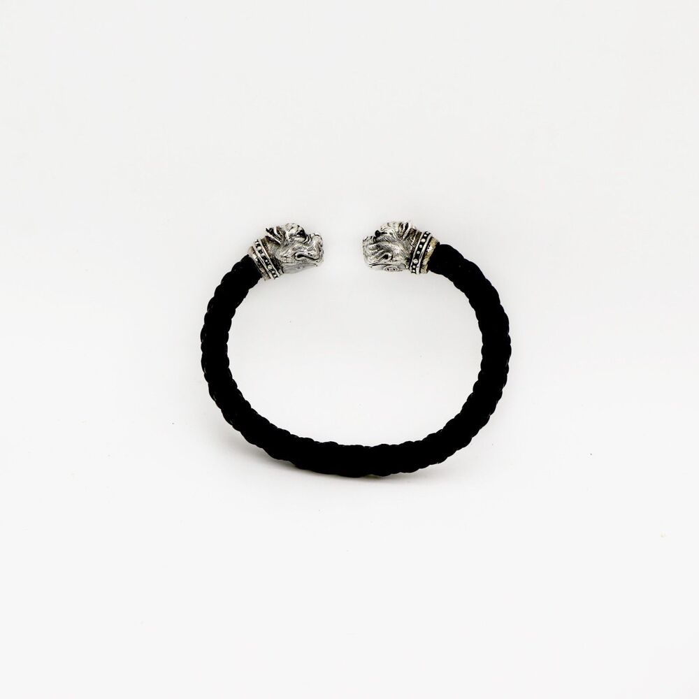 Scott Kay Unkaged 925 Braided Black Leather Bulldog Cuff Bracelet